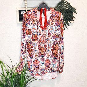 BCBGMaxAzria I Paisley Boho Western Blouse/Tunic w/lace front v neck. Si…